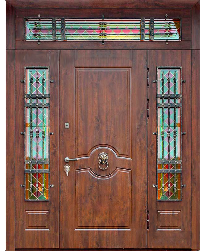 Металлическая дверь для загородного дома МДФ с ковкой/стеклом 3160