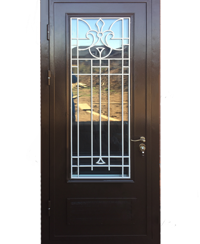 Стальная подъездная дверь Порошок с ковкой/стеклом 1112