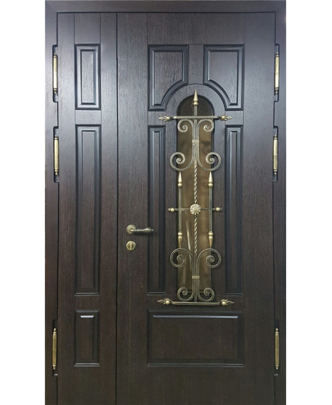 Дверь металлическая уличная МДФ с ковкой/стеклом 3079
