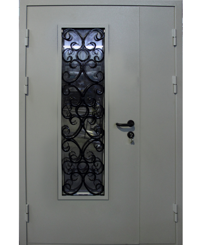 Железная входная уличная дверь Порошок с ковкой/стеклом 1129